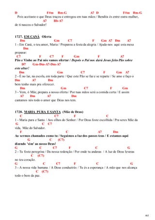 465 
D F#m Bm-G A7 D F#m Bm-G 
Pois aceitaste o que Deus traçou e entregou em tuas mãos / Bendita és entre outra mulher, 
A7 Bb-A7 
de ti nasceu o Salvador! 
1727. EM CANÁ Oferta 
Dm Gm C7 F Gm A7 Dm A7 
1 - Em Caná, o teu amor, Maria / Preparou a festa da alegria / Ajuda-nos aqui esta mesa 
Dm 
preparar: 
C7 F C7 F Gm F A7 
Pão e Vinho ao Pai nós vamos ofertar / Depois o Pai nos dará Jesus feito Pão sobre 
D7 Gm-Dm-A7-Dm-A7 
este altar! 
Dm Gm C7 F Gm A7 
2 - É no lar, na escola, em toda parte / Que este Pão se faz e se reparte / Se amo e faço o 
Dm A7 Dm 
bem tenho mais pra oferecer. 
Dm Gm C7 F Gm 
3 - Vem, ó Mãe, prepara a nossa oferta / Por tuas mãos será a comida certa / E assim 
A7 Dm A7 Dm 
cantamos nós todo o amor que Deus nos tem. 
1728. MARIA PURA E SANTA (Mãe de Deus) 
C C7 F C 
1 - Maria pura e Santa / Aos olhos do Senhor / Por Deus foste escolhida / Pra seres Mãe da 
G C C7 
vida, Mãe do Salvador. 
F C A7 Dm 
Ao sermos chamados como tu / Seguimos a luz dos passos teus / E estamos aqui 
G C (C7) 
dizendo 'sim' ao nosso Deus! 
G C C7 F C G 
2 - Tu foste peregrina / Da nossa redenção / Por onde tu andavas / A luz de Deus levavas 
C (C7) 
no teu coração. 
G C C7 F C G 
3 - A nossa vida humana / A Deus conduzirás / Tu és a esperança / A mão que nos alcança 
C (C7) 
todo o bem da paz. 
 