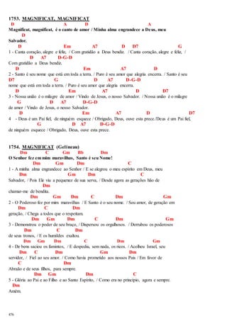 1753. MAGNIFICAT, MAGNIFICAT 
D A D A 
Magnificat, magnificat, é o canto de amor / Minha alma engrandece a Deus, meu 
476 
D 
Salvador. 
D Em A7 D D7 G 
1 - Canta coração, alegre e feliz, / Com gratidão a Deus bendiz. / Canta coração, alegre e feliz, / 
D A7 D-G-D 
Com gratidão a Deus bendiz. 
D Em A7 D 
2 - Santo é seu nome que está em toda a terra. / Puro é seu amor que alegria encerra. / Santo é seu 
D7 G D A7 D-G-D 
nome que está em toda a terra. / Puro é seu amor que alegria encerra. 
D Em A7 D D7 
3 - Nossa união é o milagre de amor / Vindo de Jesus, o nosso Salvador. / Nossa união é o milagre 
G D A7 D-G-D 
de amor / Vindo de Jesus, o nosso Salvador. 
D Em A7 D D7 
4 - Deus é um Pai fiel, de ninguém esquece / Obrigado, Deus, ouve esta prece./Deus é um Pai fiel, 
G D A7 D-G-D 
de ninguém esquece / Obrigado, Deus, ouve esta prece. 
1754. MAGNIFICAT (Gelineau) 
Dm C Gm Bb Dm 
O Senhor fez em mim maravilhas, Santo é seu Nome! 
Dm Gm Dm C 
1 - A minha alma engrandece ao Senhor / E se alegrou o meu espírito em Deus, meu 
Dm Gm Dm C 
Salvador, / Pois Ele viu a pequenez de sua serva, / Desde agora as gerações hão de 
Dm 
chamar-me de bendita. 
Dm Gm Dm C Dm Gm 
2 - O Poderoso fez por mim maravilhas / E Santo é o seu nome. / Seu amor, de geração em 
Dm C Dm 
geração, / Chega a todos que o respeitam. 
Dm Gm Dm C Dm Gm 
3 - Demonstrou o poder de seu braço, / Dispersou os orgulhosos. / Derrubou os poderosos 
Dm C Dm 
de seus tronos, / E os humildes exaltou. 
Dm Gm Dm C Dm Gm 
4 - De bens saciou os famintos, / E despediu, sem nada, os ricos. / Acolheu Israel, seu 
Dm C Dm Gm Dm 
servidor, / Fiel ao seu amor. / Como havia prometido aos nossos Pais / Em favor de 
C Dm 
Abraão e de seus filhos, para sempre. 
Dm Gm Dm C 
5 - Glória ao Pai e ao Filho e ao Santo Espírito, / Como era no princípio, agora e sempre. 
Dm 
Amém. 
 