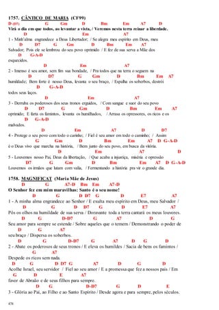 1757. CÂNTICO DE MARIA (CF99) 
D (D7) G Gm D Bm Em A7 D 
Virá o dia em que todos, ao levantar a vista, / Veremos nesta terra reinar a liberdade. 
478 
D Em A7 
1 - Minh’alma engrandece a Deus Libertador; / Se alegra meu espírito em Deus, meu 
D D7 G Gm D Bm Em A7 
Salvador; Pois ele se lembrou do seu povo oprimido / E fez de sua serva a Mãe dos 
D G-A-D 
esquecidos. 
D Em A7 
2 - Imenso é seu amor, sem fim sua bondade, / Pra todos que na terra o seguem na 
D D7 G Gm D Bm Em A7 
humildade; Bem forte é nosso Deus, levanta o seu braço, / Espalha os soberbos, destrói 
D G-A-D 
todos seus laços. 
D Em A7 
3 - Derruba os poderosos dos seus tronos erguidos, / Com sangue e suor do seu povo 
D D7 G Gm D Bm Em A7 
oprimido; E farta os famintos, levanta os humilhados, / Arrasa os opressores, os ricos e os 
D G-A-D 
malvados. 
D Em A7 D D7 
4 - Protege o seu povo com todo o carinho; / Fiel é seu amor em todo o caminho; / Assim 
G Gm D Bm Em A7 D G-A-D 
é o Deus vivo que marcha na história, / Bem junto do seu povo, em busca da vitória. 
D Em A7 D 
5 - Louvemos nosso Pai, Deus da libertação, / Que acaba a injustiça, miséria e opressão 
D7 G Gm D Bm Em A7 D G-A-D 
Louvemos os irmãos que lutam com valia, / Fermentando a história pra vir o grande dia. 
1758. MAGNIFICAT (Maria Mãe de Jesus) 
D G A7-D Bm Em A7-D 
O Senhor fez em mim maravilhas: Santo é o seu nome! 
D G D D7 G D E7 A7 
1 - A minha alma engrandece ao Senhor / E exulta meu espírito em Deus, meu Salvador / 
D G D D7 G D E7 A7 
Pôs os olhos na humildade de sua serva / Doravante toda a terra cantará os meus louvores. 
D G D-D7 G A7 D G 
Seu amor para sempre se estende / Sobre aqueles que o temem / Demonstrando o poder de 
D G A7 
seu braço / Dispersa os soberbos. 
D G D-D7 G A7 D G D 
2 - Abate os poderosos de seus tronos / E eleva os humildes / Sacia de bens os famintos / 
G A7 
Despede os ricos sem nada. 
D G D D7 G A7 D G D 
Acolhe Israel, seu servidor / Fiel ao seu amor / E a promessa que fez a nossos pais / Em 
G D E A7 
favor de Abraão e de seus filhos para sempre. 
D G D-D7 G D E 
3 - Glória ao Pai, ao Filho e ao Santo Espírito / Desde agora e para sempre, pelos séculos. 
 