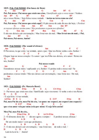1819. PAI, PAI-NOSSO (Em busca de Deus) 
G Am D7 G Am D7 G 
Pai, Pai-nosso / Pai -nosso que estais nos céus, / Santificado seja o vosso nome / Venha a 
Am D7 G B7 Em A7 D7 
nós o vosso Reino, / Seja feita a vossa vontade / Assim na terra como no céu! 
G Am D7 G Cm C Cm 
Pai, Pai-nosso / Pai nosso que estais aqui! / O pão nosso de cada dia nos dai hoje, / Perdoai 
506 
G Em Am B7 Em Am D7 
as nossas ofensas assim como / Nós perdoamos a quem nos ofendeu! 
G Em Am D7 Bm Em Bb A7 G 
E não nos deixeis cair em tentação, / Mas livrai-nos do mal, / Mas livrai-nos do mal... / Pai, 
Am D7 G 
Pai-nosso, Pai -nosso, Amém! 
1820. PAI-NOSSO (The sound of silence) 
Am G Am F C 
Ó Pai-nosso, tu que estás / na verdade, amor e paz / Que teu Reino venha a nós, Senhor / 
F C F G C Am 
Chegue logo ao nosso coração / E o amor / que teu Filho nos deixou, só o amor / Reine em 
G Am 
nós, Senhor! 
Pai-nosso rezado 
Am G Am F C 
Estendemos nossas mãos / suplicando a ti, Senhor / E perdoa todo o nosso mal / Se 
F C F G C Am G 
perdoamos o nosso irmão / Não nos deixes cair em tentação, / mas livrai -nos / Do mal, 
Am 
Senhor! 
1821. PAI-NOSSO (Pe. Marcelo Rossi) 
A F#m D E A C# F#m C#m 
1 - Pai-nosso, que estais nos céus / Santificado seja o teu nome / E venha a nós o teu Reino 
D A D E 
/ E seja feita / A tua vontade. 
A-F#m D E A D E C#7 F#m D 
Pai, meu Pai do céu, meu Pai do céu, / eu quase me esqueci, me esqueci (me esqueci) / 
E C#7 F#m D E A 
que o teu amor vela por mim (vela por mim) / E seja feito assim! 
Meu Pai, meu Pai do céu... 
A F#m C#m D E A-C#-F#m C#m 
2 - O alimento deste dia / dai-nos agora e sempre / E perdoai nossas ofensas / 
D A D E 
De um modo maior / com que perdoamos. 
D A D A D A D A 
3 - E não nos deixeis cair em tentação, / mas livrai-nos de todo o mal. / 
D A D A 
Laiá-la-la-iá-la / Amém! 
 