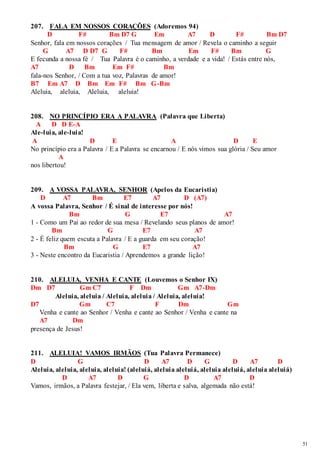 51 
207. FALA EM NOSSOS CORAÇÕES (Adoremos 94) 
D F# Bm D7 G Em A7 D F# Bm D7 
Senhor, fala em nossos corações / Tua mensagem de amor / Revela o caminho a seguir 
G A7 D D7 G F# Bm Em F# Bm G 
E fecunda a nossa fé / Tua Palavra é o caminho, a verdade e a vida! / Estás entre nós, 
A7 D Bm Em F# Bm 
fala-nos Senhor, / Com a tua voz, Palavras de amor! 
B7 Em A7 D Bm Em F# Bm G-Bm 
Aleluia, aleluia, Aleluia, aleluia! 
208. NO PRINCÍPIO ERA A PALAVRA (Palavra que Liberta) 
A D D E-A 
Ale-luia, ale-luia! 
A D E A D E 
No princípio era a Palavra / E a Palavra se encarnou / E nós vimos sua glória / Seu amor 
A 
nos libertou! 
209. A VOSSA PALAVRA, SENHOR (Apelos da Eucaristia) 
D A7 Bm E7 A7 D (A7) 
A vossa Palavra, Senhor / É sinal de interesse por nós! 
Bm G E7 A7 
1 - Como um Pai ao redor de sua mesa / Revelando seus planos de amor! 
Bm G E7 A7 
2 - É feliz quem escuta a Palavra / E a guarda em seu coração! 
Bm G E7 A7 
3 - Neste encontro da Eucaristia / Aprendemos a grande lição! 
210. ALELUIA, VENHA E CANTE (Louvemos o Senhor IX) 
Dm D7 Gm C7 F Dm Gm A7-Dm 
Aleluia, aleluia / Aleluia, aleluia / Aleluia, aleluia! 
D7 Gm C7 F Dm Gm 
Venha e cante ao Senhor / Venha e cante ao Senhor / Venha e cante na 
A7 Dm 
presença de Jesus! 
211. ALELUIA! VAMOS IRMÃOS (Tua Palavra Permanece) 
D G D A7 D G D A7 D 
Aleluia, aleluia, aleluia, aleluia! (aleluiá, aleluia aleluiá, aleluia aleluiá, aleluia aleluiá) 
D A7 D G D A7 D 
Vamos, irmãos, a Palavra festejar, / Ela vem, liberta e salva, algemada não está! 
 