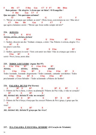 F Bb C7 F Dm Gm C7 F F7 Bb Bbm 
54 
Bato palmas / De alegria / A Jesus que vai falar! / O Evangelho / 
F Dm Gm C7 F 
Que nos guia / Nós queremos aclamar! 
A7 Dm G C7 F 
1 - "Deixai as crianças que venham as mim" / Dizia Jesus, com ternura na voz / Mas nós é 
C7 Dm Bb Gm F C7 F 
que agora clamamos assim: / "Deixai que Jesus venha sempre até nós!" 
224. ALELUIA 
E A E B7-E 
Aleluia, aleluia, aleluia, aleluia! 
E B7 E F#m B7 F#m 
1 - Senhor, disseste um dia / Venham crianças, a mim / Tua Palavra é certeza, alegria / E o 
B7 E 
teu amor é sem fim. 
E B7 E F#m B7 
2 - Senhor, queremos te ouvir / Vem com amor nos falar / Fala às crianças que estão a 
F#m B7 E 
sorrir / Pra ti, Jesus, neste altar. 
225. TODOS LOUVANDO (Agnus Dei 97) 
E C#m F#m B7 E C#m F#m B7 
Aleluia, aleluia, aleluia, aleluia! 
E C#m F#m B7 E C#m F#m B7 E 
Todos louvando, louvando alegremente / Todos cantando, cantando sorridentes / Todos 
C#m F#m B7 E C#m F#m B7 
proclamando a Cristo Salvador / Todos aclamando a Palavra do Senhor! 
226. PALAVRA DE PAI (Pai Eterno) 
E B7 E B7 E B7 E B7 E 
1 - Palavra de Pai é chuva, é chuva na plantação! Palavra de Pai é vida, é vida no coração! 
B7 E B7 E 
Alê, Aleluia! Alê, Aleluia! É vida no coração! 
E B7 E B7 E B7 E B7 
2 - Palavra de Pai é força, é força que faz crescer! Palavra de Pai é graça, é graça que faz 
E 
viver! 
B7 E B7 E 
Alê, Aleluia! Alê, Aleluia! É graça que faz viver! 
227. TUA PALAVRA É FECUNDA, SENHOR! (O Coração da Trindade) 
 