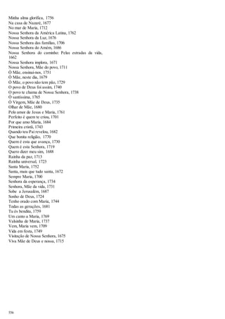 Minha alma glorifica, 1756 
Na casa de Nazaré, 1677 
No mar de Maria, 1712 
Nossa Senhora da América Latina, 1762 
Nossa Senhora da Luz, 1676 
Nossa Senhora das famílias, 1706 
Nossa Senhora do Amém, 1686 
Nossa Senhora do caminho: Pelas estradas da vida, 
1662 
Nossa Senhora implora, 1671 
Nossa Senhora, Mãe do povo, 1711 
Ó Mãe, ensinai-nos, 1751 
Ó Mãe, neste dia, 1679 
Ó Mãe, o povo não tem pão, 1729 
O povo de Deus foi assim, 1740 
O povo te chama de Nossa Senhora, 1738 
Ó santíssima, 1765 
Ó Virgem, Mãe de Deus, 1735 
Olhar de Mãe, 1680 
Pelo amor de Jesus e Maria, 1761 
Perfeito é quem te criou, 1701 
Por que amo Maria, 1684 
Primeira cristã, 1743 
Quando teu Pai revelou, 1682 
Que bonita religião, 1770 
Quem é esta que avança, 1730 
Quem é esta Senhora, 1719 
Quero dizer meu sim, 1688 
Rainha da paz, 1713 
Rainha universal, 1723 
Santa Maria, 1752 
Santa, mais que tudo santa, 1672 
Sempre Maria, 1700 
Senhora da esperança, 1734 
Senhora, Mãe da vida, 1731 
Sobe a Jerusalém, 1687 
Sonho de Deus, 1724 
Tenho orado com Maria, 1744 
Todas as gerações, 1681 
Tu és bendita, 1759 
Um canto a Maria, 1769 
Valsinha de Maria, 1737 
Vem, Maria vem, 1709 
Vida em festa, 1749 
Visitação de Nossa Senhora, 1675 
Viva Mãe de Deus e nossa, 1715 
556 
 