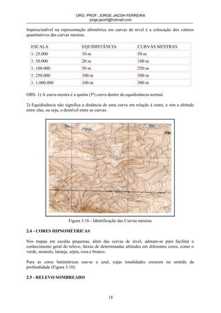 ORG. PROF. JORGE JACOH FERREIRA
                                 jorge.jacoh@hotmail.com

Imprescindível na representação altimétrica em curvas de nível é a colocação dos valores
quantitativos das curvas mestras.

  ESCALA                      EQUIDISTÂNCIA                  CURVAS MESTRAS
  1: 25.000                   10 m                           50 m
  1: 50.000                   20 m                           100 m
  1: 100.000                  50 m                           250 m
  1: 250.000                  100 m                          500 m
  1: 1.000.000                100 m                          500 m

OBS: 1) A curva mestra é a quinta (5ª) curva dentro da equidistância normal.

2) Equidistância não significa a distância de uma curva em relação à outra, e sim a altitude
entre elas, ou seja, o desnível entre as curvas.




                       Figura 3.16 - Identificação das Curvas mestras

2.4 - CORES HIPSOMÉTRICAS

Nos mapas em escalas pequenas, além das curvas de nível, adotam-se para facilitar o
conhecimento geral do relevo, faixas de determinadas altitudes em diferentes cores, como o
verde, amarelo, laranja, sépia, rosa e branco.

Para as cores batimétricas usa-se o azul, cujas tonalidades crescem no sentido da
profundidade (Figura 3.10).

2.5 - RELEVO SOMBREADO



                                             18
 
