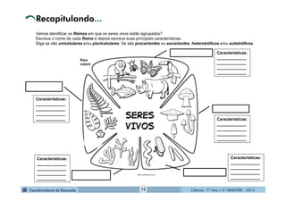 Ciências - 7.º Ano / 2.º BIMESTRE - 2014Ciências - 7.º Ano / 2.º BIMESTRE - 2014
Vamos identificar os Reinos em que os seres vivos estão agrupados?
Escreva o nome de cada Reino e depois escreva suas principais características.
Diga se são unicelulares e/ou pluricelulares. Se são procariontes ou eucariontes, heterotróficos e/ou autotróficos.
Características:
_____________
_____________
_____________
_____________
Características:
_____________
_____________
_____________
_____________
Características:
_____________
_____________
_____________
_____________
Características:
_____________
_____________
_____________
_____________
Características:
_____________
_____________
_____________
_____________
Para
colorir
Recapitulando...
www.smartkids.cxom.br
15
 