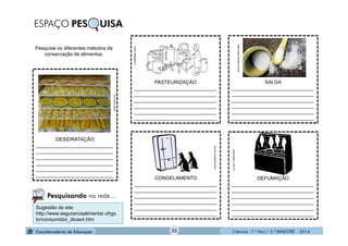 Ciências - 7.º Ano / 2.º BIMESTRE - 2014Ciências - 7.º Ano / 2.º BIMESTRE - 2014
Sugestão de site:
http://www.segurancaalimentar.ufrgs.
br/consumidor_dicas4.htm
Pesquise os diferentes métodos de
conservação de alimentos.
ESPAÇO PES UISA
SALGA
______________________________
______________________________
______________________________
______________________________
______________________________
______________________________
http://www.clicrbs.com.br
PASTEURIZAÇÃO
______________________________
______________________________
______________________________
______________________________
______________________________
______________________________
www.midisegni.it
CONGELAMENTO
______________________________
______________________________
______________________________
______________________________
______________________________
______________________________www.senatore.com.br
DESIDRATAÇÃO
____________________________
____________________________
____________________________
____________________________
____________________________
____________________________
www.cmqv.org
DEFUMAÇÃO
______________________________
______________________________
______________________________
______________________________
______________________________
______________________________
www.setor1.com.br
Pesquisando na rede...
25
 