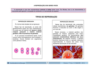 Ciências - 7.º Ano / 2.º BIMESTRE - 2014Ciências - 7.º Ano / 2.º BIMESTRE - 2014
TIPOS DE REPRODUÇÃO
REPRODUÇÃO ASSEXUADA
É a forma mais simples de se reproduzir.
Nesse tipo de reprodução, os seres são
geneticamente iguais aos seus antecessores.
Os seres que se originam são iguais à célula
original, possuem o mesmo material
genético. Não há presença de gametas.
É um processo incrivelmente rápido, muito
comum entre microrganismos como amebas e
bactérias. Ocorre também em organismos
como plantas e hidras.
REPRODUÇÃO SEXUADA
Nesse tipo de reprodução são produzidas
células reprodutoras, os gametas. Os gametas
feminino e masculino se unem e dão origem a
um novo ser.
Nesse processo, o material genético dos
gametas se mistura, originando uma maior
variabilidade genética. Os descendentes não
possuem características idênticas aos seus
antecessores. Na espécie humana, o gameta
feminino chama-se óvulo e o gameta masculino
espermatozoide. A maioria dos seres vivos
apresenta reprodução do tipo sexuada.
www.brasilescola.com
www.coldawueb.com
A REPRODUÇÃO DOS SERES VIVOS
A reprodução é uma das características comuns a todos seres vivos. Ter filhotes, isto é, ter descendentes, é
importante para garantir a ocupação do ambiente e a manutenção da espécie.
6
 