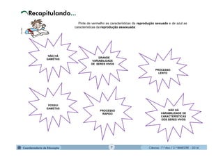 Ciências - 7.º Ano / 2.º BIMESTRE - 2014Ciências - 7.º Ano / 2.º BIMESTRE - 2014
Pinte de vermelho as características da reprodução sexuada e de azul as
características da reprodução assexuada:
NÃO HÁ
GAMETAS
GRANDE
VARIABILIDADE
DE SERES VIVOS
PROCESSO
LENTO
NÃO HÁ
VARIABILIDADE DE
CARACTERÍSTICAS
DOS SERES VIVOS
POSSUI
GAMETAS
MULTIRIO
PROCESSO
RÁPIDO
7
 
