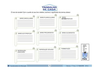 Ciências - 7.º Ano / 2.º BIMESTRE - 2014Ciências - 7.º Ano / 2.º BIMESTRE - 2014
SERES UNICELULARES
________________________
________________________
________________________
________________________
________________________
SERES PLURICELULARES
_______________________
_______________________
_______________________
_______________________
_______________________
SERES AUTOTRÓFICOS
_______________________
_______________________
_______________________
_______________________
_______________________
SERES
HETEROTRÓFICOS
_______________________
_______________________
_______________________
_______________________
SERES PROCARIONTES
_______________________
_______________________
_______________________
_______________________
_______________________
SERES EUCARIONTES
_______________________
_______________________
_______________________
_______________________
_______________________
_______________________
REPRODUÇÃO
ASSEXUADA
_______________________
_______________________
_______________________
_______________________
REPRODUÇÃO SEXUADA
_______________________
_______________________
_______________________
_______________________
_______________________
_______________________
FERMENTAÇÃO
_______________________
_______________________
_______________________
_______________________
_______________________
_______________________
É hora da revisão! Com o auxílio do seu livro didático, escreva o significado dos termos abaixo:
8
 