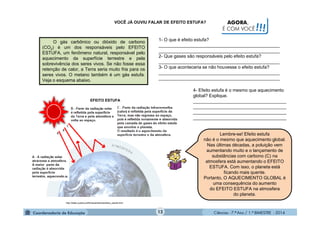 Ciências - 7.º Ano / 1.º BIMESTRE - 201412
VOCÊ JÁ OUVIU FALAR DE EFEITO ESTUFA?
http://static.publico.pt/fichas/ambiente/efeito_estufa.html
O gás carbônico ou dióxido de carbono
(CO2) é um dos responsáveis pelo EFEITO
ESTUFA, um fenômeno natural, responsável pelo
aquecimento da superfície terrestre e pela
sobrevivência dos seres vivos. Se não fosse essa
retenção de calor, a Terra seria muito fria para os
seres vivos. O metano também é um gás estufa.
Veja o esquema abaixo.
1- O que é efeito estufa?
________________________________________________
________________________________________________
2- Que gases são responsáveis pelo efeito estufa?
________________________________________________
3- O que aconteceria se não houvesse o efeito estufa?
________________________________________________
________________________________________________
4- Efeito estufa é o mesmo que aquecimento
global? Explique.
_____________________________________
_____________________________________
_____________________________________
_____________________________________
AGORA,
É COM VOCÊ!!!
EFEITO ESTUFA
Lembre-se! Efeito estufa
não é o mesmo que aquecimento global.
Nas últimas décadas, a poluição vem
aumentando muito e o lançamento de
substâncias com carbono (C) na
atmosfera está aumentando o EFEITO
ESTUFA. Com isso, o planeta está
ficando mais quente.
Portanto, O AQUECIMENTO GLOBAL é
uma consequência do aumento
do EFEITO ESTUFA na atmosfera
do planeta.
 