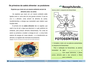 Ciências - 7.º Ano / 1.º BIMESTRE - 2014
Vamos colorir o esquema da fotossíntese.
1- Complete o texto com as palavras apresentadas
no esquema da fotossíntese:
Para a realização da fotossíntese, as plantas
necessitam de água , ________________ e
_____________. Com esses elementos, a planta
produz alimento para o seu consumo e libera
______________ para o ambiente.
22
Os primeiros da cadeia alimentar: os produtores
Espécies que vivem em um mesmo ambiente servem de
alimento umas às outras
As espécies que vivem em um mesmo ambiente estão
ligadas entre si, como elos de uma grande corrente. O que as
une é o alimento: umas servem de alimento às outras,
transferindo-lhes a energia que necessitam para realizar suas
funções vitais.
O primeiro elo da cadeia alimentar são os vegetais, que
usam a luz do sol, a água que absorvem e o gás carbônico do
ambiente, para produzir alimento (fotossíntese). Por conta de
serem os primeiros a receber a energia do sol – a única fonte
externa de energia em nosso planeta – e a transformá-la em
alimento, os vegetais são chamados de produtores.
Adaptado: http://chc.cienciahoje.uol.com.br/por-dentro-das-cadeias-alimentares/
http://chc.cienciahoje.uol.com.br/por-dentro-das-cadeias-alimentares/
Recapitulando...
Sol
gás
H2O
 