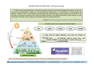 Ciências - 7.º Ano / 1.º BIMESTRE - 201426
A cada nível da cadeia alimentar, uma parte da energia se perde, pois parte da energia que chega a um ser vivo,
através de sua alimentação, é gasta em suas atividades de sobrevivência – no crescimento e na reprodução, por
exemplo. Portanto, para o nível seguinte da cadeia alimentar passará sempre menos energia do que entrou. É por
isso que os carnívoros superiores, que ocupam posições terminais, nas cadeias alimentares, estão sempre em risco
de extinção. Para eles, sobra sempre uma parcela pequena de energia disponível.
Adaptado de http://chc.cienciahoje.uol.com.br/por-dentro-das-cadeias-alimentares
RELAÇÃO ENTRE OS SERES VIVOS – Pirâmide de energia
Assista a um vídeo
sobre ecossistema
(fluxo de energia e
ciclo da matéria) na
aula 25, atividade 9.
nossomeioporinteiro.wordpress.com
A cada nível da cadeia alimentar, uma parte da energia se
_________.
No nível mais _____ da pirâmide, estão os seres vivos que
______ recebem energia e, na sua base, os seres vivos que ____
recebem ____________: os PRODUTORES.
Complete o texto com as palavras indicadas abaixo:
alto perde menos mais energia
PIRÂMIDE DE ENERGIA
Quanto mais distante dos produtores estiver um ser vivo, menor será a quantidade de energia útil recebida.
 