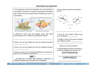 Ciências - 7.º Ano / 1.º BIMESTRE - 20145
IMPORTÂNCIA DA ATMOSFERA
1- Os organismos vivos não só dependem do ar para sobreviver,
como também influenciam na própria composição da atmosfera.
Assim existe uma troca constante entre os organismos vivos e o
ar atmosférico.
a) Observe os seres vivos das imagens acima. Eles estão
trocando gases com o ambiente. Que gases são esses?
____________________________________________________
b) Qual o ser vivo das imagens que vive em ambiente aquático?
___________________
c) Qual o ser vivo da imagens que vive em ambiente terrestre?
____________________
d) Esses animais vivem em ambientes diferentes. Os gases que
trocam com o ambiente são diferentes? ___________________
Os gases que os animais estão utilizando e eliminando no
ambiente participam de um processo vital: a respiração!
http://www.proenc.iq.unesp.br/index.php/ciencias/34-textos/318-areser
3- Esse ser vivo também realiza trocas
com o ambiente? _____________
4- Realiza a mesma troca que os animais
das imagens ao lado? _______________
_________________________________
Vamos ver se você se lembra!
5- Desembaralhe as letras e descubra os
processos realizados por esse ser vivo:
2- Agora, ligue os números e descubra o
ser vivo:
_________________________________
7
2
345
6
1
8
9
10
11
12
13
14
15
16
17
18
19
20
212223
24
25
SOFTÍESENTOS
____________________
ÇÃRPIARESO
____________________
Sapos e rãs respiram pela pele e pelos pulmões. Os peixes respiram pelas brânquias
 