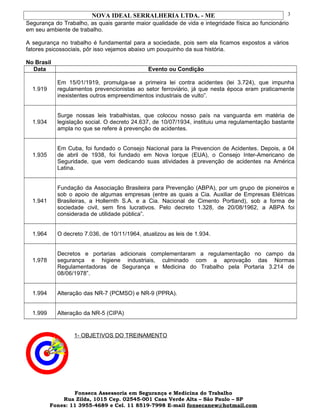 NOVA IDEAL SERRALHERIA LTDA. - ME
Segurança do Trabalho, as quais garante maior qualidade de vida e integridade física ao funcionário
em seu ambiente de trabalho.
A segurança no trabalho é fundamental para a sociedade, pois sem ela ficamos expostos a vários
fatores psicossociais, pôr isso vejamos abaixo um pouquinho da sua história.
No Brasil
Data Evento ou Condição
1.919
Em 15/01/1919, promulga-se a primeira lei contra acidentes (lei 3.724), que impunha
regulamentos prevencionistas ao setor ferroviário, já que nesta época eram praticamente
inexistentes outros empreendimentos industriais de vulto”.
1.934
Surge nossas leis trabalhistas, que colocou nosso país na vanguarda em matéria de
legislação social. O decreto 24.637, de 10/07/1934, instituiu uma regulamentação bastante
ampla no que se refere à prevenção de acidentes.
1.935
Em Cuba, foi fundado o Consejo Nacional para la Prevencion de Acidentes. Depois, a 04
de abril de 1938, foi fundado em Nova Iorque (EUA), o Consejo Inter-Americano de
Seguridade, que vem dedicando suas atividades à prevenção de acidentes na América
Latina.
1.941
Fundação da Associação Brasileira para Prevenção (ABPA), por um grupo de pioneiros e
sob o apoio de algumas empresas (entre as quais a Cia. Auxiliar de Empresas Elétricas
Brasileiras, a Hollernth S.A. e a Cia. Nacional de Cimento Portland), sob a forma de
sociedade civil, sem fins lucrativos. Pelo decreto 1.328, de 20/08/1962, a ABPA foi
considerada de utilidade pública”.
1.964 O decreto 7.036, de 10/11/1964, atualizou as leis de 1.934.
1.978
Decretos e portarias adicionais complementaram a regulamentação no campo da
segurança e higiene industriais, culminado com a aprovação das Normas
Regulamentadoras de Segurança e Medicina do Trabalho pela Portaria 3.214 de
08/06/1978”.
1.994 Alteração das NR-7 (PCMSO) e NR-9 (PPRA).
1.999 Alteração da NR-5 (CIPA)
1- OBJETIVOS DO TREINAMENTO
Fonseca Assessoria em Segurança e Medicina do Trabalho
Rua Zilda, 1015 Cep. 02545-001 Casa Verde Alta – São Paulo – SP
Fones: 11 3955-4689 e Cel. 11 8519-7998 E-mail fonsecanew@hotmail.com
3
 