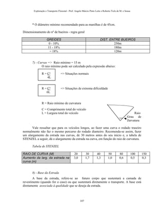 Exploração e Transporte Florestal - Prof. Angelo Márcio Pinto Leite e Roberto Ticle de M. e Sousa
* O diâmetro mínimo recomendado para as manilhas é de 45cm.
Dimensionamento do nº de bueiros - regra geral
GREIDES DIST. ENTRE BUEIROS
0 - 10% 250m
11 - 18% 180m
= 18% 120m
7) - Curvas => Raio mínimo = 15 m
O raio mínimo pode ser calculado pela expressão abaixo:
R = C² => Situações normais
4L
R = C² => Situações de extrema dificuldade
6L
R = Raio mínimo de curvatura
C = Comprimento total do veículo
L = Largura total do veículo Raio
Grau de
curvatura
Vale ressaltar que para os veículos longos, ao fazer uma curva o rodado traseiro
normalmente não faz o mesmo percurso do rodado dianteiro. Recomenda-se assim, fazer
um alargamento da estrada nas curvas, de 30 metros antes do seu início e, a tabela de
STENZEL a seguir, dá o alargamento da estrada na curva, em função do raio de curvatura.
Tabela de STENZEL
RAIO DE CURVA (M) 20 30 40 50 80 100 150
Aumento da larg. da estrada na
curva (m)
3,0 1,7 1,3 1,0 0,6 0,5 0,3
8) - Base da Estrada
A base da estrada, refere-se ao futuro corpo que sustentará a camada de
revestimento (quando for o caso) ou que sustentará diretamente o transporte. A base está
diretamente associada à qualidade que se deseja da estrada.
107
 