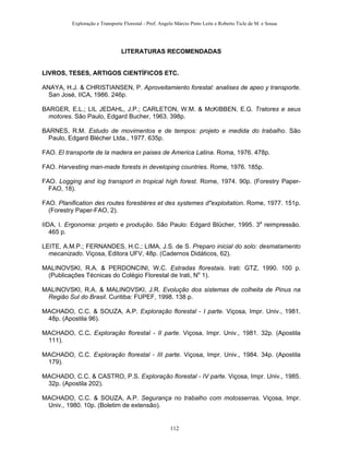 Exploração e Transporte Florestal - Prof. Angelo Márcio Pinto Leite e Roberto Ticle de M. e Sousa
LITERATURAS RECOMENDADAS
LIVROS, TESES, ARTIGOS CIENTÍFICOS ETC.
ANAYA, H.J. & CHRISTIANSEN, P. Aproveitamiento forestal: analises de apeo y transporte.
San José, IICA, 1986. 246p.
BARGER, E.L.; LIL JEDAHL, J.P.; CARLETON, W.M. & McKIBBEN, E.G. Tratores e seus
motores. São Paulo, Edgard Bucher, 1963. 398p.
BARNES, R.M. Estudo de movimentos e de tempos: projeto e medida do trabalho. São
Paulo, Edgard Blécher Ltda., 1977. 635p.
FAO. El transporte de la madera en paises de America Latina. Roma, 1976. 478p.
FAO. Harvesting man-made forests in developing countries. Rome, 1976. 185p.
FAO. Logging and log transport in tropical high forest. Rome, 1974. 90p. (Forestry Paper-
FAO, 18).
FAO. Planification des routes forestières et des systemes d"exploitation. Rome, 1977. 151p.
(Forestry Paper-FAO, 2).
IIDA, I. Ergonomia: projeto e produção. São Paulo: Edgard Blücher, 1995. 3a
reimpressão.
465 p.
LEITE, A.M.P.; FERNANDES, H.C.; LIMA, J.S. de S. Preparo inicial do solo: desmatamento
mecanizado. Viçosa, Editora UFV, 48p. (Cadernos Didáticos, 62).
MALINOVSKI, R.A. & PERDONCINI, W.C. Estradas florestais. Irati: GTZ, 1990. 100 p.
(Publicações Técnicas do Colégio Florestal de Irati, No
1).
MALINOVSKI, R.A. & MALINOVSKI, J.R. Evolução dos sistemas de colheita de Pinus na
Região Sul do Brasil. Curitiba: FUPEF, 1998. 138 p.
MACHADO, C.C. & SOUZA, A.P. Exploração florestal - I parte. Viçosa, Impr. Univ., 1981.
48p. (Apostila 96).
MACHADO, C.C. Exploração florestal - II parte. Viçosa, Impr. Univ., 1981. 32p. (Apostila
111).
MACHADO, C.C. Exploração florestal - III parte. Viçosa, Impr. Univ., 1984. 34p. (Apostila
179).
MACHADO, C.C. & CASTRO, P.S. Exploração florestal - IV parte. Viçosa, Impr. Univ., 1985.
32p. (Apostila 202).
MACHADO, C.C. & SOUZA, A.P. Segurança no trabalho com motosserras. Viçosa, Impr.
Univ., 1980. 10p. (Boletim de extensão).
112
 