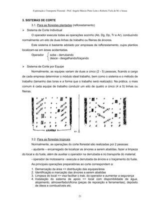 Exploração e Transporte Florestal - Prof. Angelo Márcio Pinto Leite e Roberto Ticle de M. e Sousa
3. SISTEMAS DE CORTE
3.1. Para as florestas plantadas (reflorestamento)
Sistema de Corte Individual
O operador executa todas as operações sozinho (Ab, Dg, Dp, Tr e Ar), conduzindo
normalmente um eito de duas linhas de trabalho ou fileiras de árvores.
Este sistema é bastante adotado por empresas de reflorestamento, cujos plantios
localizam-se em áreas acidentadas.
Operador sobe - derrubando
desce - desgalhando/traçando
Sistema de Corte por Equipe
Normalmente, as equipes variam de duas a cinco (2 - 5) pessoas, ficando a cargo
de cada empresa determinar o módulo ideal trabalho, bem como o sistema e o método de
trabalho (tamanho das toras e a forma que o trabalho será realizado). Na prática, o mais
comum é cada equipe de trabalho conduzir um eito de quatro a cinco (4 a 5) linhas ou
fileiras.
3.2. Para as florestas tropicais
Normalmente, as operações do corte florestal são realizadas por 2 pessoas:
- ajudante – encarregado de localizar as árvores a serem abatidas, fazer a limpeza
do local e do fuste, além de auxiliar o operador na derrubada e no transporte do material;
- operador de motosserra - executa a derrubada da árvore e o traçamento do fuste.
As principais operações preparatórias ao corte correspondem a:
1. Demarcação da área => distribuição das equipes/área
2. Identificação e marcação das árvores a serem abatidas
3. Limpeza do local => visa facilitar o trab. do operador e aumentar a segurança
4. Instalação do sistema de apoio => local com disponibilidade de água,
alojamento, almoxerifado/oficina (peças de reposição e ferramentas), depósito
de óleos e combustíveis etc.
21
 