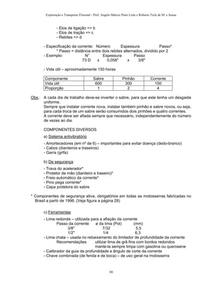 Exploração e Transporte Florestal - Prof. Angelo Márcio Pinto Leite e Roberto Ticle de M. e Sousa
- Elos de ligação => b
- Elos de tração => c
- Rebites => d
- Especificação da corrente: Número Espessura Passo*
* Passo = distância entre dois rebites alternados, dividido por 2
- Exemplo: N° Espessura Passo
73 D x 0,058" x 3/8"
- Vida útil – aproximadamente 150 horas
Componente Sabre Pinhão Corrente
Vida útil 600 300 150
Proporção 1 2 4
Obs.: A cada dia de trabalho deve-se inverter o sabre, para que este tenha um desgaste
uniforme.
Sempre que instalar corrente nova, instalar também pinhão e sabre novos, ou seja,
para cada troca de um sabre serão consumidos dois pinhões e quatro correntes.
A corrente deve ser afiada sempre que necessário, independentemente do número
de vezes ao dia.
COMPONENTES DIVERSOS
a) Sistema antivibratório
- Amortecedores (em nº de 6) – importantes para evitar doença (dedo-branco)
- Cabos (dianteiros e traseiros)
- Garra (grifa)
b) De segurança
- Trava do acelerador*
- Protetor de mão (dianteiro e traseiro)*
- Freio automático da corrente*
- Pino pega corrente*
- Capa protetora do sabre
* Componentes de segurança ativa, obrigatórios em todas as motosserras fabricadas no
Brasil a partir de 1996. (Veja figura a página 28)
c) Ferramentas
- Lima redonda – utilizada para a afiação da corrente
Passo da corrente ø da lima (Pol) (mm)
3/8" 7/32 5,5
1/2" 1/4 6,3
- Lima chata – usada no rebaixamento do limitador de profundidade da corrente
Recomendações utilizar lima de grã fina com bordos redondos
mante-la sempre limpa com gasolina ou querosene
- Calibrador da guia de profundidade e ângulo de corte da corrente
- Chave combinada (de fenda e de boca) – de uso geral na motosserra
30
 