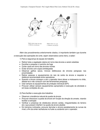 Exploração e Transporte Florestal - Prof. Angelo Márcio Pinto Leite e Roberto Ticle de M. e Sousa
Além dos procedimentos anteriormente citados, é importante também que durante
a execução das operações de corte, sejam observados outros itens, a saber:
1) Para a segurança da equipe de trabalho
• Retirar toda a vegetação rateira em torno das árvores a serem abatidas
• Escolher e preparar o caminho de fuga
• Cortar cipós em torno das árvores mortas
• Evitar árvores com copas entrelaçadas
• Observar galhos secos, troncos defeituosos de árvores perigosas nas
proximidades
• Retirar pessoas e equipamentos do raio de caída da árvore e respeitar a
distância recomendada entre operadores
• Quando a árvore começar a cair o operador deve deixar a motosserra no chão,
afastar-se e não conduzir com ele ferramentas perigosas
• Usar sempre os equipamentos de proteção individual (EPI)
• Procurar utilizar sempre equipamentos apropriados à execução da atividade e
em boas condições de uso.
2) Para facilitar a execução dos trabalhos
• Observar a tendência natural de queda da árvore
• Procurar direcionar a queda da árvore em função da direção do arraste, visando
facilitar a extração
• Verificar a presença de obstáculos (árvore caídas, irregularidades do terreno
etc.) que possam interferir na queda da árvore abatida
• Em terrenos inclinados, procurar derrubar a árvore paralelamente às curvas de
nível, a fim de evitar rachaduras no fuste ou acidente com o operador.
39
 