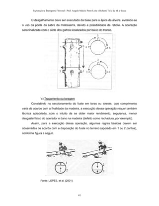 Exploração e Transporte Florestal - Prof. Angelo Márcio Pinto Leite e Roberto Ticle de M. e Sousa
O desgalhamento deve ser executado da base para o ápice da árvore, evitando-se
o uso da ponta do sabre da motosserra, devido a possibilidade de rebote. A operação
será finalizada com o corte dos galhos localizados por baixo do tronco.
‘c) Traçamento ou toragem
Consistindo no seccionamento do fuste em toras ou toretes, cujo comprimento
varia de acordo com a finalidade da madeira, a execução dessa operação requer também
técnica apropriada, com o intuito de se obter maior rendimento, segurança, menor
desgaste físico do operador e dano na madeira (defeito como rachadura, por exemplo).
Assim, para a execução dessa operação, algumas regras básicas devem ser
observadas de acordo com a disposição do fuste no terreno (apoiado em 1 ou 2 pontos),
conforme figura a seguir.
Fonte: LOPES, et al. (2001)
41
 
