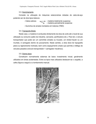 Exploração e Transporte Florestal - Prof. Angelo Márcio Pinto Leite e Roberto Ticle de M. e Sousa
3.3. Guinchamento
Consiste na utilização de máquinas estacionárias dotadas de cabo-de-aço
podendo ser de dois tipos básicos:
- Cabos aéreos - madeira totalmente suspensa
- madeira parcialmente suspensa
- Guinchos de arraste montados em tratores (TMO)
3.4. Transporte Direto
Neste caso, a madeira é conduzida diretamente da área de corte até o local de sua
utilização ou consumo (pátio da industria, carvoaria, panificadora etc.). Para tal, o veículo
transportador que pode ser um caminhão simples ou trucado, um timber-hauler ou um
munkão, é carregado dentro do povoamento. Neste sentido, a área deve ter topografia
plana ou ligeiramente inclinada, bem como espaçamento amplo que permita o tráfego de
veículos pesados (veículo transportador + carregador mecânico).
3.5. Outros tipos
Constituem normalmente sistemas de baixo investimento inicial, geralmente
utilizados em áreas acidentadas. Entre os tipos mais utilizados destacam-se: o argolão, a
calha (figura a seguir) e o tombamento manual.
54
 