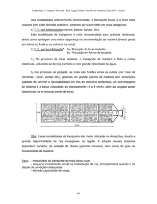 Exploração e Transporte Florestal - Prof. Angelo Márcio Pinto Leite e Roberto Ticle de M. e Sousa
Das modalidades anteriormente mencionadas, o transporte fluvial é o meio mais
utilizado pelo setor florestal brasileiro, podendo ser subdividido em duas categorias:
a) T. F. por embarcações (navios, balsas, barcos, etc);
Esta modalidade de transporte é mais recomendada para grandes distâncias,
tendo como vantagem uma maior segurança na movimentação da madeira (menor perda
por danos ao fuste e, ou extravio de toras).
b) T. F. por livre flutuação* b1 - flutuação de toras isoladas;
b2 - flutuação em forma de jangada.
b1) No processo de toras isoladas, o transporte da madeira é feito a curtas
distâncias, utilizando-se de rios estreitos e com grande velocidade da água.
b2) No processo de jangada, as toras são fixadas umas as outras (por meio de
correntes, "peia", cordas etc.), gerando um grande volume de madeira com dimensões
capazes de permitir a navegabilidade em rios de pequena correnteza. As desvantagens
do sistema é a baixa velocidade de deslocamento (4 a 5 km/h), além da jangada poder
desarticular-se e provocar perda de toras.
Obs: Essas modalidades de transporte são muito utilizadas na Amazônia, devido a
grande disponibilidade de rios navegáveis na região. A adoção desses sistemas
dependem portanto, da estação de cheias (período chuvoso), bem como do grau de
flutuabilidade da madeira.
Vant.: - modalidade de transporte de mais baixo custo
- pequeno investimento inicial na implantação da via, principalmente quando o rio
dispõe de condições adequadas
- elevada capacidade de carga.
66
 