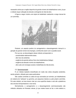 Exploração e Transporte Florestal - Prof. Angelo Márcio Pinto Leite e Roberto Ticle de M. e Sousa
necessário ainda que a região disponha de grande número de trabalhadores rurais, já que
o método requer utilização de elevado contingente de mão-de-obra.
A figura a seguir mostra uma dupla de trabalhador realizando a carga manual de
um caminhão.
Portanto, um aspecto positivo do carregamento e descarregamento manual é a
geração de grande número de empregos, contribuindo assim com a questão social.
Por sua vez, as desvantagens desse método correspondem a:
- produtividade relativamente baixa;
- alto risco de acidentes;
- exigência de grande esforço físico dos trabalhadores (fadiga);
- exigência de elevado número de trabalhadores;
- alto custo com encargos sociais e trabalhistas da mão-de-obra.
2.2. Semimecanizado
É um método bastante diversificado em razão das várias situações existentes,
sendo portanto, utilizado para casos particulares.
São usados correntes ou cabos de aço acionados por animais, por trabalhadores
em sistema de “catracas” ou guinchos, por pequenos tratores ou pelo próprio caminhão.
Por este método, as toras devem rolar por uma superfície desde o solo até a plataforma
dos veículos transportadores e vice-versa.
Normalmente, o carregamento e o descarregamento semimecanizados são
métodos utilizados em florestas nativas, já que nestes locais se faz o corte seletivo e,
85
 