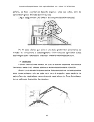 Exploração e Transporte Florestal - Prof. Angelo Márcio Pinto Leite e Roberto Ticle de M. e Sousa
portanto, as toras encontram-se bastante dispersas umas das outras, além de
apresentarem grande dimensão (diâmetro e peso).
A figura a seguir mostra uma forma de descarregamento semimecanizado:
Por fim cabe salientar que, além de uma baixa produtividade (rendimento), os
métodos de carregamento e descarregamento semimecanizados apresentam outras
desvantagens como o alto risco de acidentes e limitado a determinadas situações.
2.3. Mecanizado
Constitui o método mais utilizado, em razão de sua alta eficiência e produtividade
(rendimento operacional), podendo adequar-se à diferentes sistemas de exploração.
O método mecanizado de carregamento e descarregamento de madeira apresenta
ainda outras vantagens, entre as quais menor risco de acidentes, pouca exigência de
esforço físico dos trabalhadores, menor número de trabalhadores etc. Como desvantagem
tem-se o alto custo de aquisição das máquinas.
86
 