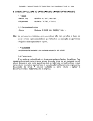 Exploração e Transporte Florestal - Prof. Angelo Márcio Pinto Leite e Roberto Ticle de M. e Sousa
3. MÁQUINAS UTILIZADAS NO CARREGAMENTO E NO DESCARREGAMENTO
3.1. Gruas
- MunckJons Modelos: MJ 3050; MJ 1072; ...
- Implemater Modelos: CF 2545; CF 5550; ...
3.2. Carregadores frontais
- Rome Modelos: GHM-SF 930; GHM-DF 966; ...
Obs.: os carregadores mecânicos com pneumáticos são mais versáteis e fáceis de
operar, embora haja necessidade de que no local de sua operação, a superfície do
solo possua boa capacidade de suporte.
3.3. Guindastes
- Equipamentos utilizados com bastante frequência nos portos
3.4. Ponte rolante
É um sistema muito utilizado no descarregamento em fabricas de celulose. Este
equipamento consiste numa grua de grande dimensão presa por um guindaste móvel,
situado debaixo de uma ponte, que abraça toda a madeira do compartimento do veículo
transportador, conduzindo-a para o local de sua utilização final (geralmente um picador ou
descascador de toras). A principal finalidade da ponte rolante é agilizar o
descarregamento de madeira no pátio da empresa.
87
 