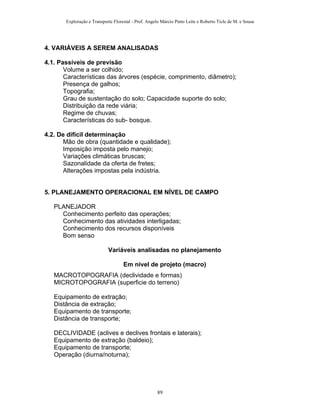 Exploração e Transporte Florestal - Prof. Angelo Márcio Pinto Leite e Roberto Ticle de M. e Sousa
4. VARIÁVEIS A SEREM ANALISADAS
4.1. Passíveis de previsão
Volume a ser colhido;
Características das árvores (espécie, comprimento, diâmetro);
Presença de galhos;
Topografia;
Grau de sustentação do solo; Capacidade suporte do solo;
Distribuição da rede viária;
Regime de chuvas;
Características do sub- bosque.
4.2. De difícil determinação
Mão de obra (quantidade e qualidade);
Imposição imposta pelo manejo;
Variações climáticas bruscas;
Sazonalidade da oferta de fretes;
Alterações impostas pela indústria.
5. PLANEJAMENTO OPERACIONAL EM NÍVEL DE CAMPO
PLANEJADOR
Conhecimento perfeito das operações;
Conhecimento das atividades interligadas;
Conhecimento dos recursos disponíveis
Bom senso
Variáveis analisadas no planejamento
Em nível de projeto (macro)
MACROTOPOGRAFIA (declividade e formas)
MICROTOPOGRAFIA (superficie do terreno)
Equipamento de extração;
Distância de extração;
Equipamento de transporte;
Distância de transporte;
DECLIVIDADE (aclives e declives frontais e laterais);
Equipamento de extração (baldeio);
Equipamento de transporte;
Operação (diurna/noturna);
89
 