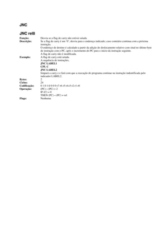 JNC
JNC rel8
Função: Desvia se a flag de carry não estiver setada
Descrição: Se a flag de carry é um ‘0’, desvia para o endereço indicado; caso contrário continua com a próxima
instrução.
O endereço de destino é calculado a partir da adição do deslocamento relativo com sinal no último byte
de instrução com o PC, após o incremento do PC para o início da instrução seguinte.
A flag de carry não é modificada.
Exemplo: A flag de carry está setada.
A sequência de instruções,
JNC LABEL1
CPL C
JNC LABEL2
limpará a carry e e fará com que a execução do programa continue na instrução indentificada pelo
indicador LABEL2.
Bytes: 2
Ciclos: 24
Codificação: 0 1 0 1:0 0 0 0 r7 r6 r5 r4:r3 r2 r1 r0
Operação: (PC) « (PC) + 2
IF (C) = 0
THEN (PC) « (PC) + rel
Flags: Nenhuma
 
