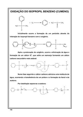 OXIDAÇÃO DO ISOPROPIL BENZENO (CUMENO)

+ O2
H3C

C

+ H3C

C

CH3

CH3

O

H

Inicialmente ocorre a formação de um peróxido através da
interação do isopropil benzeno com o oxigênio.
C

C

C H +

O

O

C

O

OH
H+

C

C

Após a protonação do oxigênio, ocorre a eliminação de água e
formação de um cátion O+, que sofre um rearranjo formando um cátion
carbono secundário mais estável:
C

C
C

O

OH2

C
+

C

H2O +

O

O

C

C

C

C

Numa fase seguinte o cátion carbono adiciona uma molécula de
água, ocorrendo a transferência de um próton e a formação do fenol e da
acetona.
Por destilação separa-se a acetona:
C
O

C
C

150

C
+

OH2

O

C

C
C

B

H
O

OH2
-

C
C

OH

 