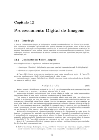 Cap´
   ıtulo 12

Processamento Digital de Imagens

12.1      Introdu¸˜o
                 ca
A ´rea de Processamento Digital de Imagens tem crescido consideravelmente nas ultimas duas d´cadas,
   a                                                                              ´              e
com a utiliza¸˜o de imagens e gr´ﬁcos em uma grande variedade de aplica¸˜es, aliado ao fato de que
             ca                  a                                          co
a tecnologia de constru¸˜o de computadores tamb´m tem se aprimorado, possibilitando a utiliza¸˜o de
                       ca                         e                                               ca
sistemas mais eﬁcientes e mais baratos. Muitas ´reas vˆm utilizando Sistemas de Processamento Digital
                                               a      e
de Imagens, tais como: reconhecimento de padr˜es (ind´stria), medicina, agricultura, pesquisas espaciais,
                                              o       u
meteorologia, etc.


12.2      Considera¸˜es Sobre Imagens
                   co
Uma imagem cont´
               ınua, ´ digitalizada atrav´s de dois processos:
                     e                   e

   • Amostragem (Sampling): digitaliza¸˜o em termos espaciais (tamanho da grade de digitaliza¸˜o);
                                      ca                                                     ca
   • Quantiza¸˜o: digitaliza¸˜o em termos de amplitude (no de n´
             ca             ca                                 ıveis de cinza).

   A Figura 12.1, ilustra o processo de quantiza¸˜o, para v´rios tamanhos de grade. A Figura ??,
                                                ca         a
apresenta uma imagem de 512x512 pixels, quantizada de v´rias formas.
                                                        a
   Matematicamente, Imagem Digital pode ser deﬁnida como uma fun¸˜o bidimensional A(x, y) deﬁnida
                                                                   ca
em uma certa regi˜o do plano.
                 a


                                       A : [0, r] × [0, s] → [0, t]                                 (12.1)

     Assim a imagem ´ deﬁnida num retˆngulo [0, r]×[0, s], e os valores tomados est˜o contidos no intervalo
                      e                 a                                          a
[0, t]. Ao valor A(x, y) no ponto (x, y) d´-se o nome de N´ de cinza.
                                           a               ıvel
     Imagens s˜o geralmente deﬁnidas como uma grande cole¸˜o de dados, que est˜o frequentemente
               a                                                 ca                     a
dispostos em forma de uma matriz ou alguma outra estrutura de dados discreta.
     Uma imagem, ´ representada atrav´s de um conjunto de valores, onde cada valor ´ um n´mero que
                   e                     e                                               e      u
descreve os atributos de um pixel na imagem. Usualmente estes n´meros s˜o inteiros positivos, que
                                                                        u       a
representam a intensidade na escala de tons de cinza de um ponto da imagem, ou a cor associada ao
ponto pela “look-up table”, em sistemas que comportam este procedimento. Quando utiliza-se escalas de
tons de cinza, usualmente associa-se a tonalidade de cinza mais escura, o preto, ao n´ zero da escala de
                                                                                     ıvel
cinza, e o mais claro, o branco, ao maior valor permitido na escala. Ou seja, se cada pixel ´ representado
                                                                                            e
em um sistema de 8-bits, o preto ´ associado ao valor zero, e o branco ao valor 255.
                                    e
     As dimens˜es do conjunto de valores que especiﬁca a imagem s˜o chamadas de largura e altura da
               o                                                      a
imagem, e o n´mero de bits associado com cada pixel da matriz ´ chamado de profundidade da imagem.
                u                                                  e
A profundidade da imagem est´ associada ao n´mero de planos de mem´ria em que uma imagem ´
                                  a                u                         o                            e
mapeada, sendo que cada bit da palavra que armazena o valor do pixel reside em um plano da imagem
(“frame buﬀer”). Na Figura 12.3 mostra-se um esquema de um pixel p com profundidade 8.
     Atrav´s de Processamento Digital de Imagens, pode-se analisar e modiﬁcar imagens por computador.
           e
Os objetivos deste processamento s˜o: a

  1. Extrair informa¸˜o da imagem, ou seja, reconhecer elementos que comp˜em a imagem, permitir
                    ca                                                      o
     medir elementos contidos na imagem, classiﬁc´-los e compar´-los com algum modelo colocado.
                                                 a             a


                                                     102
 