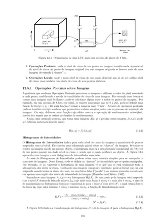 Figura 12.4: Organiza¸˜o de uma LUT, para um sistema de pixels de 8 bits.
                                  ca


  1. Opera¸˜es Pontuais: onde o n´
            co                       ıvel de cinza de um ponto na imagem transformada depende s´ o
     do n´
         ıvel de cinza do ponto da imagem original (ou nas imagens originais se houver mais de uma
     imagem de entrada (“frames”)).
  2. Opera¸˜es Locais: onde o novo n´ de cinza de um ponto depende n˜o s´ de seu antigo n´
            co                         ıvel                            a o               ıvel
     de cinza, mas tamb´m dos n´
                       e       ıveis de cinza de seus pontos vizinhos.

12.5.1     Opera¸˜es Pontuais sobre Imagens
                co
Algoritmos que realizam Opera¸˜es Pontuais percorrem a imagem e utilizam o valor do pixel associado
                               co
a cada ponto, modiﬁcando a escala de tonalidades de cinza de uma imagem. Por exemplo caso deseja-se
tornar uma imagem mais brilhante, pode-se adicionar algum valor a todos os pontos da imagem. Por
exemplo, em um sistema de 8-bits por pixel, os valores associados v˜o de 0 a 255, pode-se deﬁnir uma
                                                                   a
fun¸˜o brilho(p) = p + 40, cuja fun¸˜o ´ tornar a imagem mais “clara”. Atrav´s de opera¸˜es pontuais
    ca                             ca e                                      e          co
pode-se tamb´m corrigir sombras que porventura tenham surgido junto com o processo de aquisi¸˜o da
             e                                                                                ca
imagem. Ou seja, deﬁne-se uma fun¸˜o cujo efeito reverta a opera¸˜o de sombreamento indesej´vel,
                                      ca                            ca                           a
por´m isto requer que se estime as fun¸˜es de sombreamento.
    e                                  co
    Assim, uma opera¸˜o pontual que toma uma imagem A(x, y) e produz outra imagem B(x, y), pode
                     ca
ser deﬁnida matematicamente como:


                                          B(x, y) = f [A(x, y)]                                    (12.2)

Histogramas de Intensidades
O Histograma de Intensidades indica para cada n´           ıvel de cinza da imagem a quantidade de pontos
mapeados com tal n´ ıvel. Ele cont´m uma informa¸˜o global sobre os “objetos” da imagem. Se todos os
                                    e                ca
pontos da imagem s˜o de um mesmo objeto, o histograma mostra a probabilidade condicional p(z/objeto)
                   a
de um ponto possuir um dado n´     ıvel de cinza z, sendo que o ponto pertence ao objeto. A Figura 12.5
apresenta uma imagem e seu histograma de intensidades associado.
   Atrav´s de Histogramas de Intensidades pode-se obter uma maneira simples para se manipular o
          e
contraste de imagens. Dessa forma, pode-se deﬁnir as “janelas” de intensidade que se queira manipular.
Por exemplo, se ao construir o histograma de uma imagem vˆ-se que n˜o se est´ utilizando toda a
                                                                     e         a        a
abrangˆncia dos n´
       e         ıveis de cinza, resultando uma imagem com pouco contraste, pode-se for¸ar que ela seja
                                                                                            c
mapeada usando todos os n´   ıveis de cinza, ou uma faixa deles (“janela”), ou mesmo aumentar o contraste
em apenas uma regi˜o dos n´
                    a         ıveis de intensidade da imagem [Gonzalez and Wintz, 1987].
   Suponha-se uma imagem A(x, y) e seu histograma H1 (A). Se um ponto p da imagem est´ mapeado a
com o n´ N dentro da faixa de valores ∆1 , cujo n´ mais baixo ´ min1 e o mais alto ´ max1 , e atrav´s
        ıvel                                          ıvel             e                  e            e
de manipula¸˜o no histograma deseja-se transform´-lo para o valor p com n´ N , o qual estar´ dentro
             ca                                      a                          ıvel             a
da faixa ∆2 cujo valor m´ ınimo ´ min2 e m´ximo max2 , a fun¸˜o de transforma¸˜o ser´:
                                 e            a                   ca                 ca   a

                                       (N − min1 )(max2 − min2 )
                            f (N ) =                             + min2                            (12.3)
                                            (max1 − min1 )
                                                            N = f (N )                             (12.4)

   A Figura 12.6 ilustra a transforma¸ao do histograma H1 (A) da imagem A para o histograma H2 (A).
                                     c˜

                                                     105
 