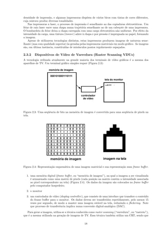 densidade de impress˜o, e algumas impressoras disp˜em de v´rios bicos com tintas de cores diferentes,
                       a                              o        a
cuja mistura produz diversas tonalidades.
    Nas impressoras a laser, o processo de impress˜o ´ semelhante ao das copiadoras eletrost´ticas. Um
                                                   a e                                      a
feixe de raio laser varre uma chapa numa trajet´ria semelhante ao de um cabe¸ote de uma impressora.
                                                 o                               c
O bombardeio do feixe deixa a chapa carregada com uma carga eletrost´tica n˜o uniforme. Por efeito da
                                                                        a      a
intensidade da carga, uma tintura (tonner ) adere ` chapa e por press˜o ´ impregnada no papel, formando
                                                  a                  a e
a imagem.
    Apesar de utilizarem tecnologias distintas, estas impressoras produzem imagens de natureza seme-
lhante (mas com qualidade superior) `s geradas pelas impressoras matriciais em modo gr´ﬁco. As imagens
                                     a                                                 a
s˜o, em ultima instˆncia, constitu´
 a       ´           a            ıdas de min´sculos pontos regularmente espa¸ados.
                                              u                                 c

2.3.2    Dispositivos de V´
                          ıdeo de Varredura (Raster Scanning VDUs)
A tecnologia utilizada atualmente na grande maioria dos terminais de v´
                                                                      ıdeo gr´ﬁcos ´ a mesma dos
                                                                             a     e
aparelhos de TV. Um terminal gr´ﬁco simples requer (Figura 2.3):
                                a




Figura 2.3: Uma seq¨ˆncia de bits na mem´ria de imagem ´ convertida para uma seq¨ˆncia de pixels na
                   ue                   o              e                        ue
tela.




Figura 2.4: Representa¸˜o esquem´tica de uma imagem matricial e sua representa¸˜o num frame buﬀer.
                      ca        a                                             ca


  1. uma mem´ria digital (frame buﬀer, ou “mem´ria de imagem”), na qual a imagem a ser visualizada
               o                                  o
     ´ armazenada como uma matriz de pixels (cada posi¸˜o na matriz cont´m a intensidade associada
     e                                                   ca               e
     ao pixel correspondente na tela) (Figura 2.4). Os dados da imagem s˜o colocados no frame buﬀer
                                                                        a
     pelo computador hospedeiro.
  2. o monitor
  3. um controlador de v´
                        ıdeo (display controller ), que consiste de uma interface que transfere o conte´do
                                                                                                       u
     do frame buﬀer para o monitor. Os dados devem ser transferidos repetidamente, pelo menos 15
     vezes por segundo, de modo a manter uma imagem est´vel na tela, reduzindo o ﬂickering. Note
                                                               a
     que processo de transferˆncia implica numa convers˜o digital-anal´gica (DAC).
                             e                            a              o

   Para gerar a imagem, utiliza-se a t´cnica conhecida como raster scanning (“varredura”, ou “rastreio”),
                                      e
que ´ a mesma utilizada na gera¸˜o de imagens de TV. Essa t´cnica tamb´m utiliza um CRT, sendo que
    e                           ca                            e           e

                                                   18
 