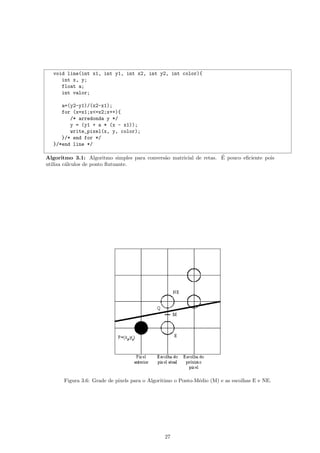 void line(int x1, int y1, int x2, int y2, int color){
     int x, y;
     float a;
     int valor;

     a=(y2-y1)/(x2-x1);
     for (x=x1;x<=x2;x++){
        /* arredonda y */
        y = (y1 + a * (x - x1));
        write_pixel(x, y, color);
     }/* end for */
  }/*end line */

                                                                    ´
Algoritmo 3.1: Algoritmo simples para convers˜o matricial de retas. E pouco eﬁciente pois
                                             a
utiliza c´lculos de ponto ﬂutuante.
         a




       Figura 3.6: Grade de pixels para o Algoritimo o Ponto-M´dio (M) e as escolhas E e NE.
                                                              e




                                                27
 