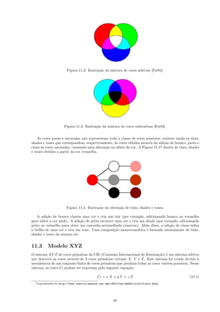 Figura 11.2: Ilustra¸˜o da mistura de cores aditivas [For94].
                                              ca




                        Figura 11.3: Ilustra¸˜o da mistura de cores subtrativas [For94].
                                            ca


    As cores puras e saturadas n˜o representam toda a classe de cores poss´
                                 a                                         ıveis, existem ainda os tints,
shades e tones que correspondem, respectivamente, `s cores obtidas atrav´s da adi¸˜o de branco, preto e
                                                   a                     e         ca
cinza `s cores saturadas, causando uma altera¸˜o no efeito da cor. A Figura 11.42 ilustra de tints, shades
      a                                      ca
e tones obtidos a partir da cor vermelha.




                         Figura 11.4: Ilustra¸˜o da obten¸˜o de tints, shades e tones.
                                             ca          ca

   A adi¸˜o de branco clareia uma cor e cria um tint (por exemplo, adicionando branco ao vermelho
         ca
para obter a cor pink). A adi¸˜o de preto escurece uma cor e cria um shade (por exemplo, adicionando
                             ca
preto ao vermelho para obter um castanho-avermelhado (maroon). Al´m disso, a adi¸˜o de cinza reduz
                                                                    e              ca
o brilho de uma cor e cria um tone. Uma composi¸˜o monocrom´tica ´ formada inteiramente de tints,
                                                  ca             a    e
shades e tones da mesma cor.


11.3       Modelo XYZ
O sistema XY Z de cores prim´rias da CIE (Comiss˜o Internacional de Ilumina¸˜o) ´ um sistema aditivo
                              a                    a                          ca e
que descreve as cores atrav´s de 3 cores prim´rias virtuais X, Y e Z. Esse sistema foi criado devido `
                           e                  a                                                         a
inexistˆncia de um conjunto ﬁnito de cores prim´rias que produza todas as cores vis´
       e                                        a                                  ıveis poss´
                                                                                             ıveis. Nesse
sistema, as cores Cl podem ser expressas pela seguinte equa¸˜o:
                                                            ca

                                             Cl = x.X + y.Y + z.Z                                   (11.1)
  2 reproduzida   de http://www.contrib andrew.cmu.edu:8001/usr/dw4e/color/tints.html.




                                                        97
 