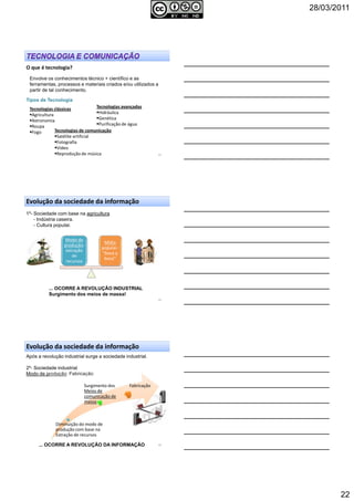 28/03/2011
22
O que é tecnologia?
Tecnologias avançadas
Hidráulica
Genética
Purificação de água
Tecnologias de comunicação
Satélite artificial
Fotografia
Vídeo
Reprodução de música
Envolve os conhecimentos técnico + científico e as
ferramentas, processos e materiais criados e/ou utilizados a
partir de tal conhecimento.
Tecnologias clássicas
Agricultura
Astronomia
Roupa
Fogo
Tipos de Tecnologia
64
Evolução da sociedade da informação
1º- Sociedade com base na agricultura
- Indústria caseira.
- Cultura popular.
... OCORRE A REVOLUÇÃO INDUSTRIAL
Surgimento dos meios de massa!
65
Modo de
produção:
extração
de
recursos
Mídia
popular-
“boca a
boca”
Após a revolução industrial surge a sociedade industrial.
2º- Sociedade industrial
Modo de produção: Fabricação
66
Evolução da sociedade da informação
Diminuição do modo de
produção com base na
Extração de recursos
Surgimento dos
Meios de
comunicação de
massa
Fabricação
... OCORRE A REVOLUÇÃO DA INFORMAÇÃO
 