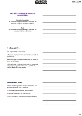 28/03/2011
32
Conceito mais antigo:
A Comunicação Organizacional é tida como um
processo mecânico (uma engrenagem);
Atual:
A Comunicação Organizacional é tida como um
processo orgânico e dinâmico.
94
•As organizações são culturas;
• A cultura organizacional é considerada uma rede de
significados;
• A realidade é criada e mantida através da interação
entre os indivíduos;
• A organização é vista também como um espaço de
negociação (negociate order), isto é, produto de
transações e discursos coletivos;
95
Utiliza- se da imagem dos “heróis” da empresa para
envolver os demais com o ambiente.
• Comunicação é instrumento de dominação;
• Distorção sistemática da comunicação;
• Falsa consciência entre dirigentes e trabalhadores.
96
 