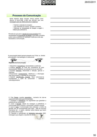 28/03/2011
50
148Autoria reservada: Profª Soraia Jacob – Com. Aplicada
Ainda tratando deste conceito, temos autores como
(Boone & Kurtz-1998, p.392) que afirmam que uma
mensagem para ser efetiva deve ter 3 objetivos:
Ganhar a atenção do receptor;
Ser entendida por ambos, receptor e emissor;
Estimular as necessidades do receptor e sugerir o
método para satisfazê-la.
Percebe-se que para a adoção de novos produtos há a
necessidade de incrementar as etapas e que estes conceitos
podem estar presentes em quaisquer instâncias onde seja
necessária a comunicação.
149Autoria reservada: Profª Soraia Jacob – Com. Aplicada
A comunicação estará sempre presente nos 3 Puts: no âmbito
administrativo, mercadológico e institucional.
Objetivos da Comunicação
1. Despertar a Consciência: necessidades e carências.
2. Chamar Atenção: se você tem consciência de suas
necessidades, despertar sua atenção torna-se mais fácil;
3. Suscitar Interesse: direcionada a atenção, gera-se o
interesse;
4.Proporcionar Conhecimento: detalha-se a informação
visto que já possui o interesse do consumidor;
5. Garantir identificação, empatia: Deve comunicar-se
considerando o perfil do consumidor – realidade
cultural/gramatical;
150Autoria reservada: Profª Soraia Jacob – Com. Aplicada
6. Criar Desejo, suscitar expectativa : momento de criar-se
expectativa para efetivação da aquisição;
7. Conseguir a Preferência: ter argumentos que garantam a
preferência do consumidor;
8. Levar à Decisão: depois de conseguir a preferência, a
comunicação deve conduzir o consumidor a decidir comprar;
9. Levar a Ação: A comunicação deve antecipar o motivo da
decisão não ser acompanhada pela ação – falta de recursos
financeiros etc – e assim, valorizar outros fatores que levem
seu público-alvo à ação;
10. Garantia e manutenção da Satisfação (pós-ação): SAC,
mensagens que elogiam a escolha do cliente.
 