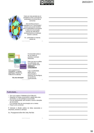 28/03/2011
56
Cada vez mais percebe-se um
paralelismo entre a evolução da
publicidade e da forma de se
comunicar.
Isto acontece porque o
publicitário é um "comunicador",
sempre procurando transferir
para a publicidade os processos
e meios de comunicação
próprios de cada época
acompanhando as mudanças
sociais e culturais.
Ex.: publicidade na internet,
celular etc.
Autoria: Prof.ª Soraia Jacob 166
O consumidor passa a
ter voz sobre os
produtos e serviços
oferecidos.
Claro que isso se reflete
na publicidade, pois
muda a relação entre
EMISSOR e
CONSUMIDOR.
Logo, a publicidade,
assim como a
comunicação é
dinâmica, se reconfigura,
se transforma
continuamente.
Empresa
Produto/
serviço
Consumidor
Com surgimento do
FEEDBACK, a relação
EMPRESA, PRODUTO,
PÚBLICO foi alterada.
Há uma retroação!
Autoria: Prof.ª Soraia Jacob 167
Publicidade...
• Tem como objetivo TORNAR ALGO PÚBLICO;
• Despertar na massa consumidora o desejo pela coisa
anunciada, ou criar prestígio ao anunciante;
• Faz isso abertamente, sem encobrir o nome e intenções
do anunciante;
É um grande meio de comunicação com a massa;
• Possui cunho comercial.
É dedicada à difusão pública de idéias associadas a
empresas, produtos ou serviços.
Ex.: Propaganda da Bom Bril, Dolly, Red Bull.
Autoria: Prof.ª Soraia Jacob 168
 