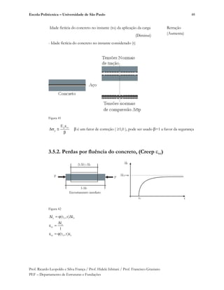 Escola Politécnica – Universidade de São Paulo
Prof. Ricardo Leopoldo e Silva França / Prof. Hideki Ishitani / Prof. Francisco Graziano
PEF – Departamento de Estruturas e Fundações
48
Idade fictícia do concreto no instante (to) da aplicação da carga
(Diminui) .
Retração
(Aumenta)
- Idade fictícia do concreto no instante considerado (t)
Figura 41
p cs
p
E
é um fator de correção ( 1,0 ), pode ser usado =1 a favor da segurança
3.5.2. Perdas por fluência do concreto, (Creep cc)
Figura 42
c 0 0
c
cc
cc 0 c
l (t ,t) l
l
l
(t ,t)
 
