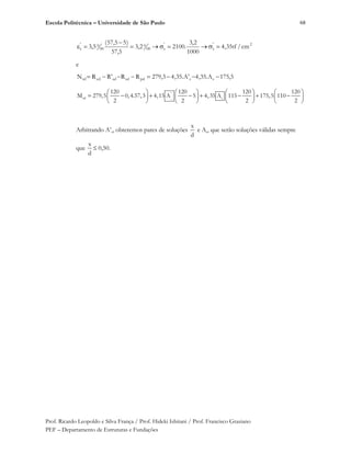 Escola Politécnica – Universidade de São Paulo
Prof. Ricardo Leopoldo e Silva França / Prof. Hideki Ishitani / Prof. Francisco Graziano
PEF – Departamento de Estruturas e Fundações
68
2'
s
'
s00
0
00
0'
s cm/tf35,4
1000
2,3
.21002,3
5,57
)55,57(
5,3
e
5,175A.35,4'A.35,43,279RR'RRN sspdsdsdcdrd
s
'
rd s
120 120 120 120
M 279,5 0,4.57,3 4,15 A 5 4,35 A 115 175,5 110
2 2 2 2
Arbitrando A’s, obteremos pares de soluções
x
d
e As, que serão soluções válidas sempre
que
x
d
0,50.
 