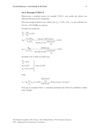 Escola Politécnica – Universidade de São Paulo
Prof. Ricardo Leopoldo e Silva França / Prof. Hideki Ishitani / Prof. Francisco Graziano
PEF – Departamento de Estruturas e Fundações
81
4.6.1. Exemplo F-ELU-5
Dimensionar a armadura passiva do exemplo F-ELU-1 com auxílio das tabelas com
adimensionais para seções retangulares.
Para este exemplo podemos usar a tabela pois pré 5,4‰ > 5‰ e os aços utilizados são
CA-50 e o CP 190 RB, este aderente.
Os dados de entrada são:
pd 110
0,957
d 115
214,0
4,1
tf/cm25,0
.cm115.cm40
tf/cm87,14.cm8,11
f.d.b
f.9,0.A
2
22
cdw
ptdp
p
215,0
4,1
tf/cm25,0
.cm115.cm40
tf.cm03202
f.d.b
M
2
2cd
2
w
Rd
d
Entrando com os dados na tabela com;
p
p s
d
d
0,95
d
0,21 0,059
mi 0,215
Logo
2
2
2
w
yd
cd
ss cm11,14cmcm.11540.
tf/cm,354
4,1
tf/cm25,0
.059,0d.b.
f
f
.A
Note que no exemplo F-ELU-1 a armadura calculada foi de 10,60 cm2
, semelhante a obtida
neste exemplo.
 