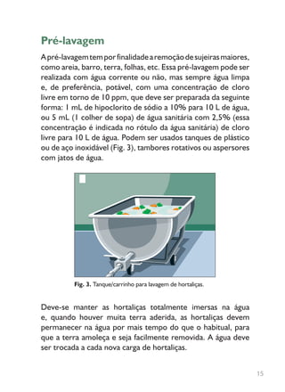Pré-lavagem
Apré-lavagemtemporfinalidadearemoçãodesujeirasmaiores,
como areia, barro, terra, folhas, etc. Essa pré-lavagem pode ser
realizada com água corrente ou não, mas sempre água limpa
e, de preferência, potável, com uma concentração de cloro
livre em torno de 10 ppm, que deve ser preparada da seguinte
forma: 1 mL de hipoclorito de sódio a 10% para 10 L de água,
ou 5 mL (1 colher de sopa) de água sanitária com 2,5% (essa
concentração é indicada no rótulo da água sanitária) de cloro
livre para 10 L de água. Podem ser usados tanques de plástico
ou de aço inoxidável (Fig. 3), tambores rotativos ou aspersores
com jatos de água.
Fig. 3. Tanque/carrinho para lavagem de hortaliças.
Deve-se manter as hortaliças totalmente imersas na água
e, quando houver muita terra aderida, as hortaliças devem
permanecer na água por mais tempo do que o habitual, para
que a terra amoleça e seja facilmente removida. A água deve
ser trocada a cada nova carga de hortaliças.
15
 