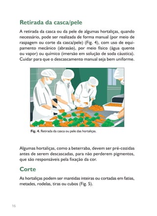 Retirada da casca/pele
A retirada da casca ou da pele de algumas hortaliças, quando
necessário, pode ser realizada de forma manual (por meio de
raspagem ou corte da casca/pele) (Fig. 4), com uso de equi-
pamento mecânico (abrasão), por meio físico (água quente
ou vapor) ou químico (imersão em solução de soda cáustica).
Cuidar para que o descascamento manual seja bem uniforme.
Algumas hortaliças, como a beterraba, devem ser pré-cozidas
antes de serem descascadas, para não perderem pigmentos,
que são responsáveis pela fixação da cor.
Corte
As hortaliças podem ser mantidas inteiras ou cortadas em fatias,
metades, rodelas, tiras ou cubos (Fig. 5).
Fig. 4. Retirada da casca ou pele das hortaliças.
16
 