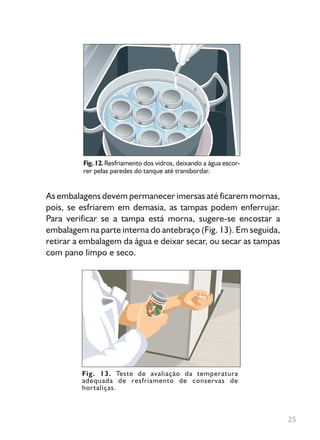 Fig.12.Resfriamento dos vidros, deixando a água escor-
rer pelas paredes do tanque até transbordar.
As embalagens devem permanecer imersas até ficarem mornas,
pois, se esfriarem em demasia, as tampas podem enferrujar.
Para verificar se a tampa está morna, sugere-se encostar a
embalagem na parte interna do antebraço (Fig. 13). Em seguida,
retirar a embalagem da água e deixar secar, ou secar as tampas
com pano limpo e seco.
Fig. 13. Teste de avaliação da temperatura
adequada de resfriamento de conservas de
hortaliças.
25
 