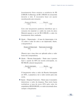 91Módulo 2
Unidade 3 – Regime de caixa e de competência
levantamento físico mostrou a existência de R$
2.000,00. A diferença, de R$ 1.400,00, foi consumida
durante o mês. É necessário fazer um ajuste
reconhecendo este consumo:
Com este lançamento podemos identificar que o
consumo do material e o saldo da conta do ativo
Material passam a ser de R$ 2.000,00, o valor do
levantamento físico realizado.
Ajuste – Depreciação – A taxa de depreciação é de
1% sobre o valor do ativo a ser depreciado. Assim,
o lançamento é:
Observe que a taxa deve ser aplicada sobre o valor
bruto dos computadores.
Ajuste – Receita Antecipada – Neste caso é preciso
fazer o ajuste de 40% da receita antecipada, ou
R$ 960,00, através lançamento:
O lançamento reduz o valor da Receita Antecipada
em 40%, e passamos a ter o valor correto para esta
conta.
Ajuste – Despesa Financeira – Neste caso é necessário
determinar o valor da despesa. Para tanto basta
multiplicar a taxa de juros (2%) pelo valor do
empréstimo (R$ 20.000,00), e o valor encontrado deve
compor o lançamento:
 