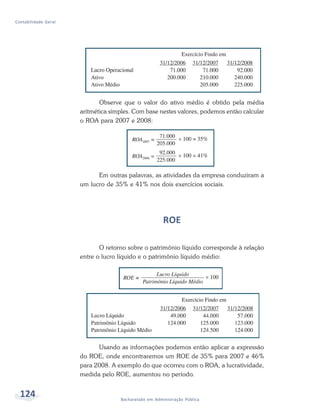 124 Bacharelado em Administração Pública
Contabilidade Geral
Observe que o valor do ativo médio é obtido pela média
aritmética simples. Com base nestes valores, podemos então calcular
o ROA para 2007 e 2008:
Em outras palavras, as atividades da empresa conduziram a
um lucro de 35% e 41% nos dois exercícios sociais.
ROE
O retorno sobre o patrimônio líquido corresponde à relação
entre o lucro líquido e o patrimônio líquido médio:
Usando as informações podemos então aplicar a expressão
do ROE, onde encontraremos um ROE de 35% para 2007 e 46%
para 2008. A exemplo do que ocorreu com o ROA, a lucratividade,
medida pelo ROE, aumentou no período.
 