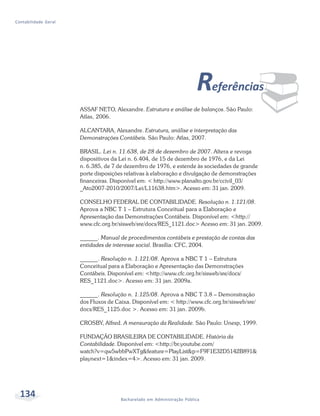 134 Bacharelado em Administração Pública
Contabilidade Geral
¨Referências
ASSAF NETO, Alexandre. Estrutura e análise de balanços. São Paulo:
Atlas, 2006.
ALCANTARA, Alexandre. Estrutura, análise e interpretação das
Demonstrações Contábeis. São Paulo: Atlas, 2007.
BRASIL. Lei n. 11.638, de 28 de dezembro de 2007. Altera e revoga
dispositivos da Lei n. 6.404, de 15 de dezembro de 1976, e da Lei
n. 6.385, de 7 de dezembro de 1976, e estende às sociedades de grande
porte disposições relativas à elaboração e divulgação de demonstrações
financeiras. Disponível em: < http://www.planalto.gov.br/ccivil_03/
_Ato2007-2010/2007/Lei/L11638.htm>. Acesso em: 31 jan. 2009.
CONSELHO FEDERAL DE CONTABILIDADE. Resolução n. 1.121/08.
Aprova a NBC T 1 – Estrutura Conceitual para a Elaboração e
Apresentação das Demonstrações Contábeis. Disponível em: <http://
www.cfc.org.br/sisweb/sre/docs/RES_1121.doc> Acesso em: 31 jan. 2009.
______. Manual de procedimentos contábeis e prestação de contas das
entidades de interesse social. Brasília: CFC, 2004.
______. Resolução n. 1.121/08. Aprova a NBC T 1 – Estrutura
Conceitual para a Elaboração e Apresentação das Demonstrações
Contábeis. Disponível em: <http://www.cfc.org.br/sisweb/sre/docs/
RES_1121.doc>. Acesso em: 31 jan. 2009a.
______. Resolução n. 1.125/08. Aprova a NBC T 3.8 – Demonstração
dos Fluxos de Caixa. Disponível em: < http://www.cfc.org.br/sisweb/sre/
docs/RES_1125.doc >. Acesso em: 31 jan. 2009b.
CROSBY, Alfred. A mensuração da Realidade. São Paulo: Unesp, 1999.
FUNDAÇÃO BRASILEIRA DE CONTABILIDADE. História da
Contabilidade. Disponível em: <http://br.youtube.com/
watch?v=qw5wbbPwXTg&feature=PlayList&p=F9F1E32D5142B891&
playnext=1&index=4>. Acesso em: 31 jan. 2009.
 